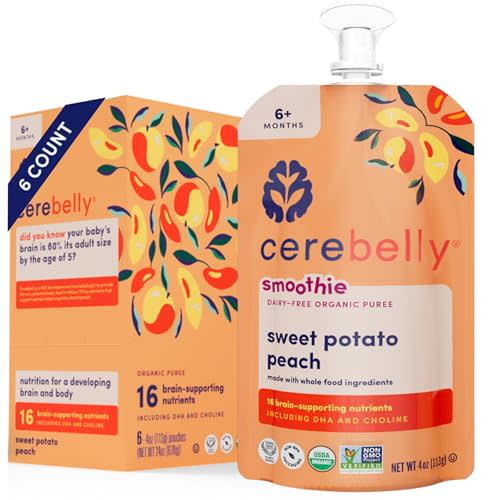 Cerebelly Organic Baby Food Pouches, Sweet Potato Peach Dairy-Free Smoothies, 16 Nutrients, No Added Sugar, Fiber & Non-GMO, 4oz, 6 Pack