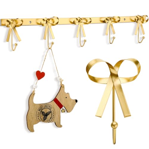 Tioncy 5 Bow Wall Hook Hanger for Robes Coat Hat Knot Bow Hooks Brass Wall Decorative Hooks for Valentine Bathroom Living Room Kitchen Decor(Gold)