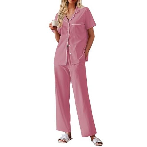 Ekouaer Women's 100% Cotton Pajamas Set Short Sleeve Button Down Pjs 2 Piece Soft Sleepwear with Long Pants Lounge Set