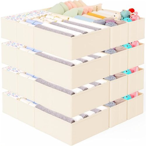 Criusia 26 Pack Drawer Organizer for Clothes, Foldable Dresser Dividers with 3 Sizes, Fabric Storage Bins – Beige