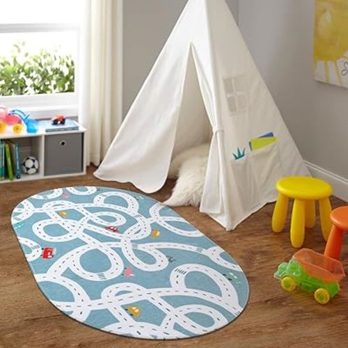 LIVEBOX Blue 3'x5' Non-Slip Kids Play Rug, Machine Washable Road Mat for Playroom, Toy Room Carpet with Cartoon Design for Boys and Girls