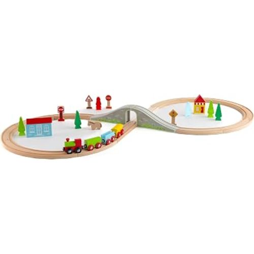 Jasey's Toy Chest 33-Piece Wooden Little Town Train Adventure Set | Interlocking Tracks, Bridge, & Town Accessories | Compatible with Other Wooden Train Sets | for Children Ages 3+