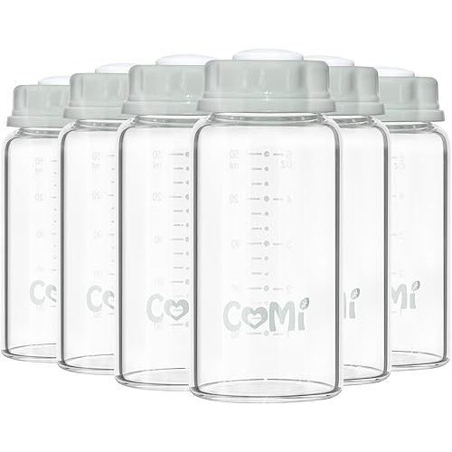 COMI Natural Glass Baby Bottle,Standard Neck Breastmilk Storage Bottle for Fridge,Breast Milk Container,Breast Pump Bottle Compatible with Medela Breast Pump,BPA Free,6PCS (5oz,6 Gray Lids)