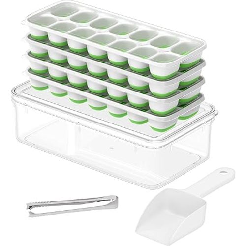 Ice Cube Tray with Lid and Bin, 4 Packs 56 Cubes Silicone Plastic Ice Cube Trays for Freezer, Stackable Ice Tray with Container, Ice Scoop,Ice Tong for Drinks, Coffee and Cocktails Green