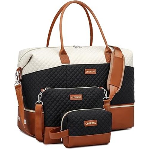 Travel Bag for Women, Weekender Bags Large Carry On Overnight Bag Duffel with Separate Shoes Compartment & Strap, Hospital Bags for Labor and Delivery, Beigeblack Brown