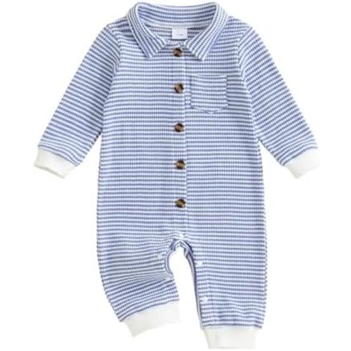 Newborn Baby Boy Romper Striped Waffle Knit Button Down Jumpsuit Collared Long Sleeve Bodysuit Fall Winter Clothes