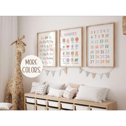 Set of 3 Educational Nursery Prints: Alphabet, Numbers, Shapes Chart,  ABC Poster, Alphabet Prints, Playroom Decor, Playroom Art
