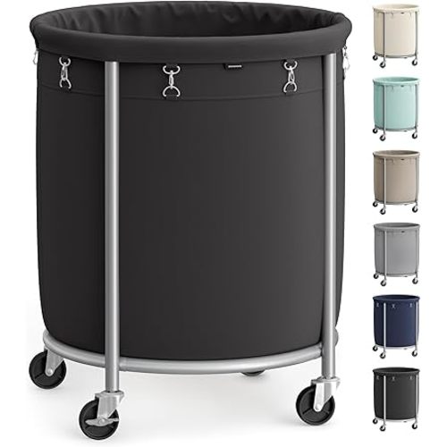 SONGMICS 50.2-Gallon (190 L) Laundry Basket with Wheels, Rolling Round Heavy-Duty Laundry Hamper Cart with Steel Frame and Removable Bag, 2 Locking Wheels, Ink Black and Metallic Silver URLS001B01