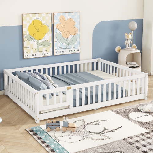 Bellemave Floor Bed with Door and Fence, loor Bed with Bed Slats Sturdy Wood Floor Bed Montessori Bed Frame, White