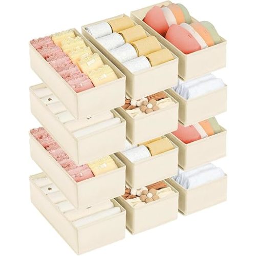 DIMJ Drawer Organizer Clothes - Underwear Organizer Small Sock Organizer Closet Organizers and Storage Box Dresser Drawer Dividers for Baby Clothes,Bra,Socks, Belt, Tie, Set of 12, Beige