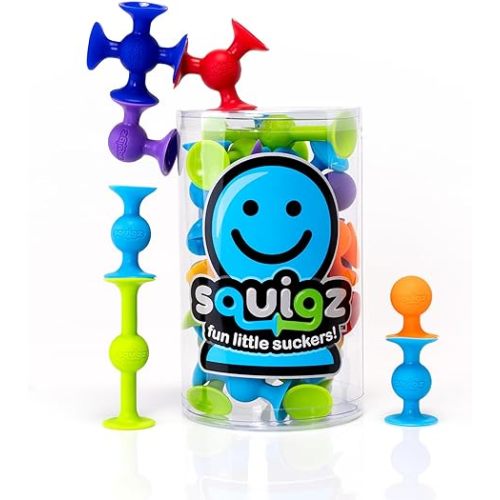 Fat Brain Toys Squigz Starter Set, 24 Piece Suction Bath Toys, Sensory Toys for Kids 3 and Up | Suction construction playset. Stick together, POP apart! Fine motor skills, creativity. Modern design. Kids, ages 3 and up.