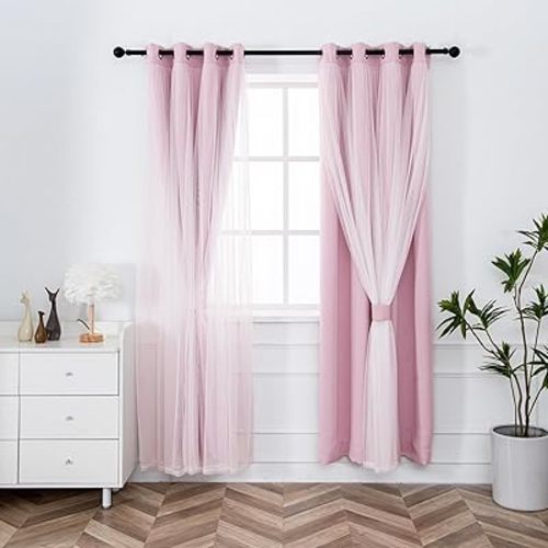 INLINAS Pale Pink Blackout Curtains with Sheer Overlay - Grommet Top Thermal and Noise Reduction Panels for Bedroom and Living Room Light Blocking and Energy Saving, 52 x 96 Inches, Set of 2