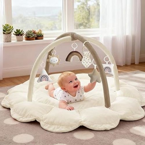 5-in-1 Thick & Plush Baby Play Gym, Baby Play Mats for Floor, Tummy Time Mat with 6 Toys, Convertible Stage-Based Developmental from Babies to Toddlers, Ball Pit, Brown