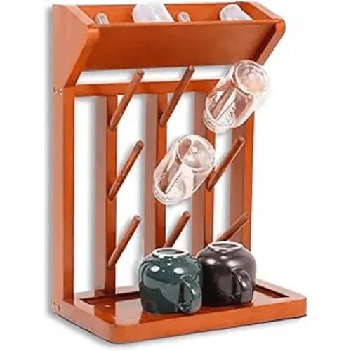 Brown Vertical Bottle Drying Rack Rubber Wood 9 Hooks, Use for Bottles, Cups, Mugs, Glasswine, Space Saving Storage Shelf Bottle Holder Dryer Kitchen