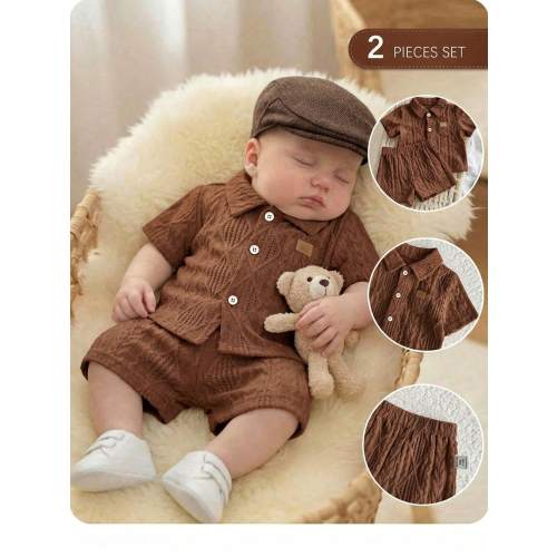 SHEIN Newborn Baby Boy Cute Casual Knit Jacquard Short Sleeve Shirt & Elastic Waist Shorts Set
