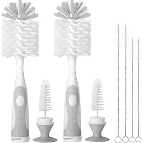 2 Pack Baby Bottle Brush with 4 Pack Straw Brushes, 10.2" Nylon Brushe with Nipple Cleaner and Stand Suction Cup (Gray)