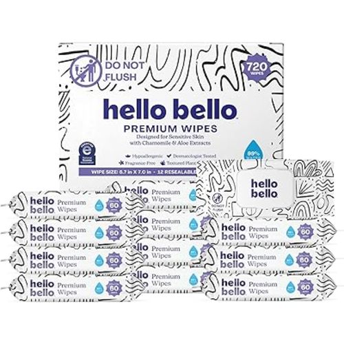 Hello Bello Premium Wipes, Designed for Sensitive Skin with Chamomile & Aloe Extracts, Playful Sketches (12 Resealable Packets = 720 Total Wipes)