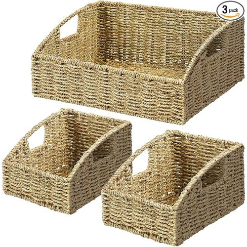 Ollieroo Rattan Storage Baskets, Handwoven Wicker Storage Bins with Built-in Handles, Storage Container Baskets for Shelves, Bedroom, Bathroom, Laundry Room or Kitchen(Green)