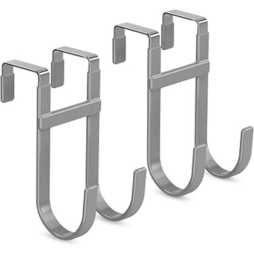 FYY Over The Door Hooks - 2 Pack Heavy Duty Dual-Hook Organizer Hanger with Non-Slip Rubber for Towels, Clothes, Hats & Bags Use in Bathroom, Bedroom, Kitchen - Fits Interior Doors Up to 1 3/8" Grey
