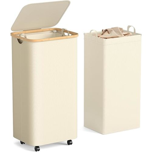 Yecaye 100L Large Capacity Laundry Hamper – Foldable Rolling Laundry Basket, Mobile Clothes Hamper with Wheels, Removable Inner Bag, Bamboo Handle Lid Laundry Bin – Multi-Use Storage,Beige