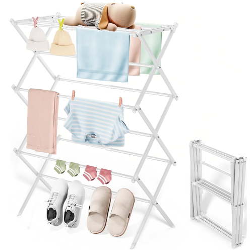 Allhall Clothes Drying Rack, 3-Tier Laundry Drying Rack for Clothes, Foldable & Extendable Drying Rack with Adjustable Size(14.57 in-35.43 in W), Rust-Resistant Frame for Indoor/Outdoor Use, White