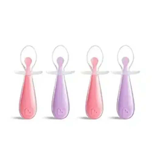 Munchkin® Silicone Scoop™ Trainer Spoons with Choke Guard for Baby Led Weaning, 4 Count, Pink/Purple