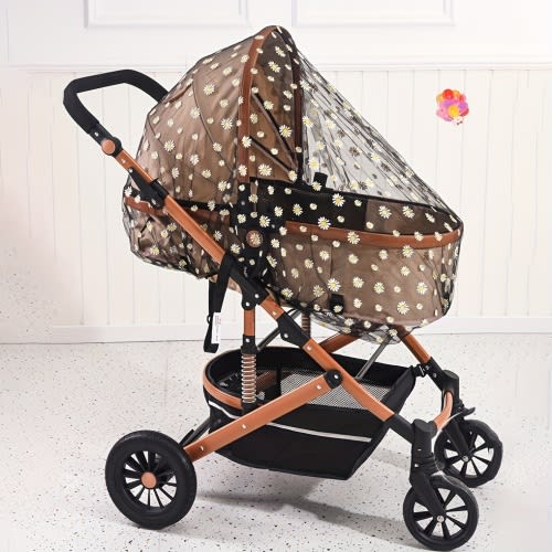 Floral Print Mosquito Net Canopy for Stroller - Large, Durable Polyester Bug-Proof Cover with Black and White Daisy Design, Hand Wash Only, Stroller Covering|Floral Pattern Canopy|Durable Stroller Cover, Stroller Covering