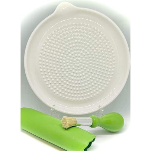 BonCera, Premium Ceramic Garlic Grater Plate 3-Piece Set - Large White Modern Design and Style - For Garlic, Ginger, Chocolate, and more! - Comes with 6" Plate, Peeler, and Brush
