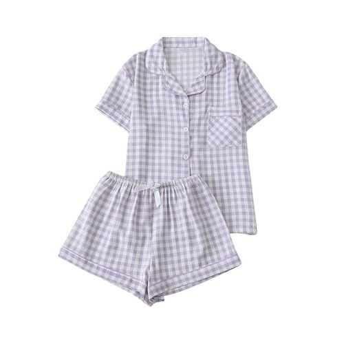 Verdusa Women's Plaid 2 Piece Cute Pajama Sets Short Sleeve Button Down Shirts with Shorts Loungewear