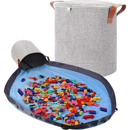 SAM AND MABEL XXL Toy Storage Organizer with Play Mat – 15" x 15" x 16" Storage Bin for Kids Playroom, Foldable Fabric Bag and Basket for Nursery (Gray)