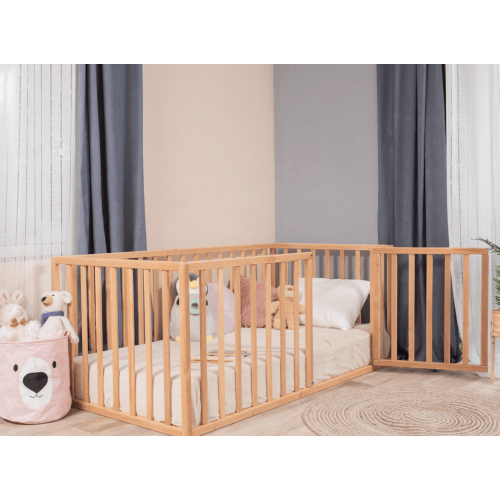 Montessori Floor Bed with Rails High - Toddler Bed Frame - Floor Bedframe with Gate by BUSYWOOD, (Small/Twin/Full/Queen/King Size), Alder Wood, Handmade in Europe (Model 20)