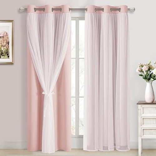 DWCN Layered Curtains for Living Room Blush Blackout and Sheer Curtains Grommet Top Window Treatments with Sheer Overlay for Nursery, Girls Bedroom, 38 W by 84 L, 2 Pieces