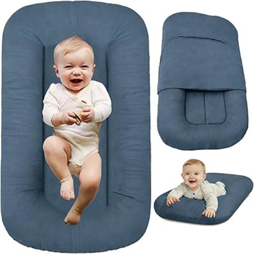 Baby Lounger 0-24 Months,Bionic Design Infant Lounger for Home and Travel with Cover,Breathable Baby Nest Waffle Fabric & 3D Support Newborn Babies Essentials Gifts,Peacock Blue