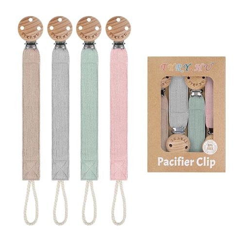 TYRY.HU Ribbon Pacifier Clip Holder,4 Pack Binky Paci Holder Clips, Pacifier Leash for Boys and Girls, Fabric Pacifier Strap Universal Fits for Most Pacifier, Styles & Teethers(Khaki,Grey,Green,Pink)