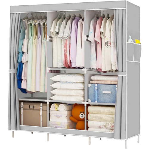 YOUPINS Clothes Organizer 3 Hanging Rod Shelf Portable Closet with Cover Clothes Rack Standing Closet Clothes Storage Wardrobe Garment Cabinet