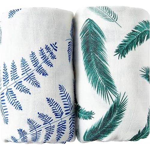 Margaux & May Organic Muslin Baby Swaddle – 100% Organic Cotton, Large 47” x 47” Newborn Swaddle, Soft & Breathable Muslin Swaddle Blanket, Blue Fern and Green Feather