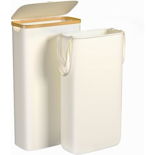 Slim Laundry Hamper, 60L Waterproof Narrow Laundry Basket with Lid and Removable Bag, Collapsible Tall Clothes Hamper with Bamboo Handles for Clothes Toys in Dorm Bedroom Bathroom, Beige