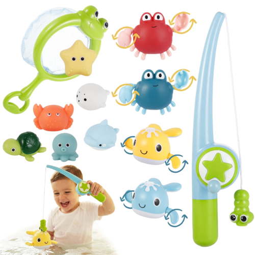 sixwipe Bath Toys for Babies 6-12 Months, 11-Piece Infant Pool Toys, Floating Animals, Fishing Net, Watering