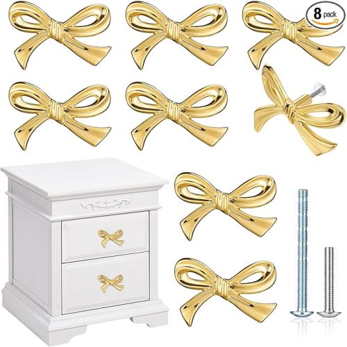 8 Pcs Gold Bow Drawer Knobs Brass Bow Knobs for Dresser Decorative Brass Drawer Pulls Vintage Cabinet Handles for Home Bedroom Kitchen Cabinets Hardware Cupboard (Large Size)