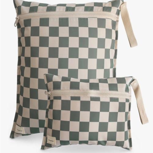 mushie Water Resistant Wet Bags | Large & Small Reusable Storage Bag for Baby Items and Travel | Zippered Pockets with Handle | Machine Washable, Set of 2 (Olive Check)