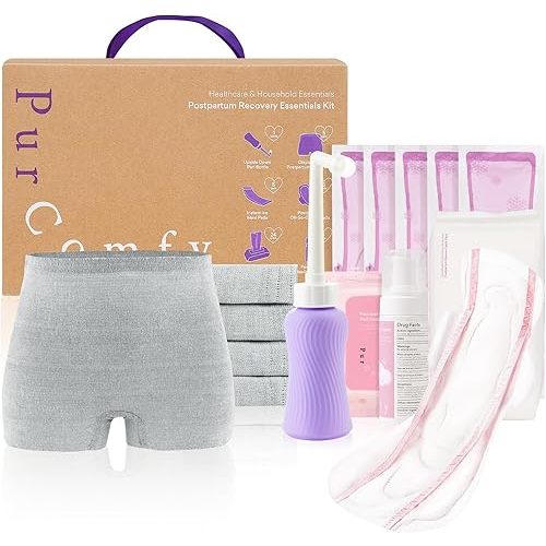 18 Pcs Postpartum Essentials Recovery Kit, Includes 5 Disposable Underwear, 24 Perineal Soothing Pad Liners, Perineal Soothing Foam, 5 Instant Ice Pads, Peri Bottle and 5 Postpartum Pads