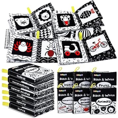 Dr.Rapeti Soft Cloth Books Baby Books Bath Books 6-Pack for Baby Infant Toddler Kids High Contrast Black and White Crinkle Washable Chewable Non-Toxic Early Educational Giftable