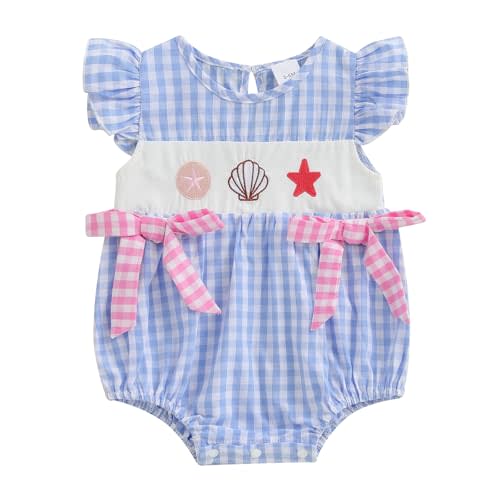 Newborn Baby Girl Outfit Starfish Shell Plaid Flying Sleeve Smocked Bubble Romper Infant Bodysuit Summer Ocean Clothes