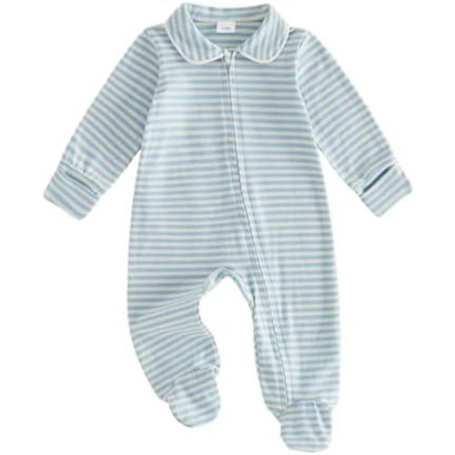 Seyurigaoka Newborn Baby Boy Girl Clothes Striped Footed Romper Peter Pan Collar Zipper Jumpsuit Going Home Outfit