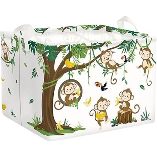 Woodland Animals Baby Laundry Hamper Collapsible Clothes Kids Storage Basket Large Boys Girls Gift Toy Box Bin for Nursery Room, Monkeys, 36L