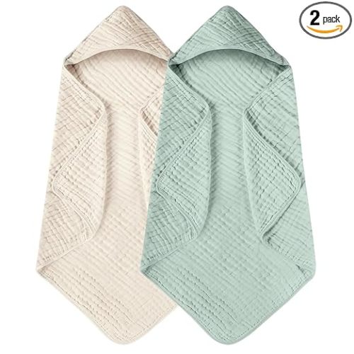 Yoofoss Hooded Baby Towels for Newborn 2 Pack 100% Muslin Organic Cotton Baby Bath Towel with Hood for Babies, Infant, Toddler and Kids, 32x32Inch, Soft and Absorbent Newborn Essential,Apricot&Green