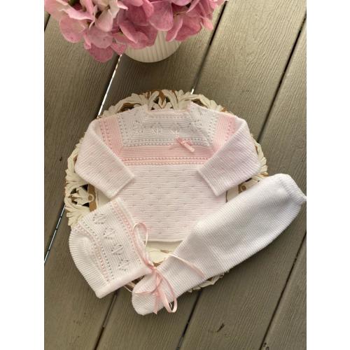 Chest Stripe OpenWork Knit Set In White and Pink