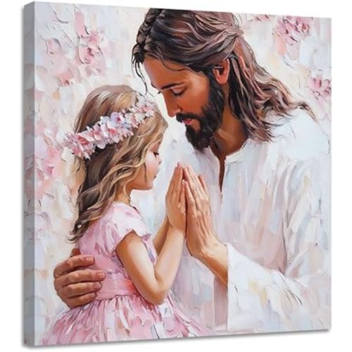 CGXLB Christian Wall Art Jesus & Child Painting Pink Religious Canvas Print for Church Bedroom Nursery Home Decor 24"x24"