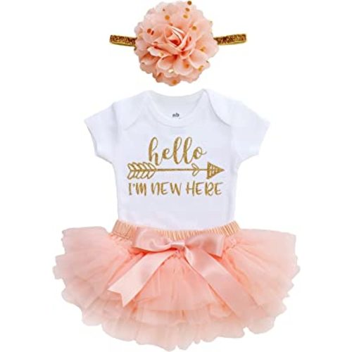 OoSweetCharlotteoO Newborn Baby Girl Coming Home Outfit Hello I am New here Bodysuits 3pcs (Newborn) (Newborn, Peach Short Sleeve)