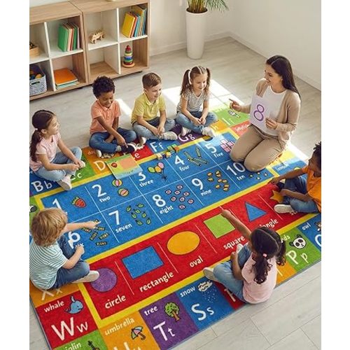 KC Cubs: Educational Rug: ABC Alphabet, Numbers & Shapes - 8x10' Playmat - Interactive Play, Activity Area Carpet, Bedroom-Classroom, Baby-Toddler-Kid